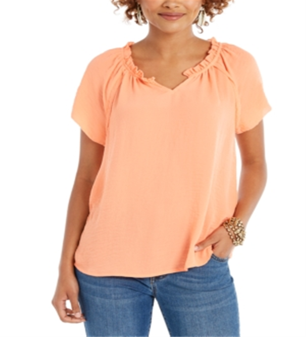 Blusa feminina com babados e mangas bufantes, estilo &amp; co, laranja, tamanho pequeno P