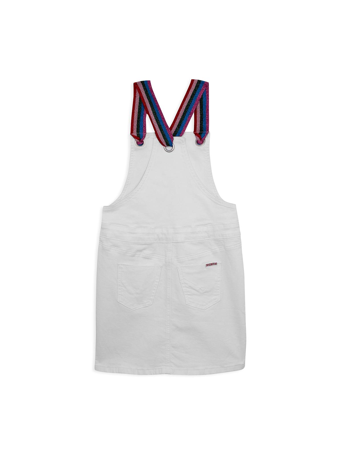 Vestido jeans com alças arco-íris Donna da Hudson Girl, branco, tamanho M