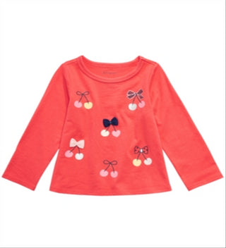 Camiseta infantil de algodão manga comprida cereja First Impressions para meninas, tamanho coral, tamanho 4