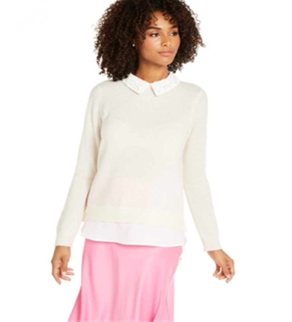 Suéter de cashmere feminino Charter Club com aparência em camadas, branco, tamanho M