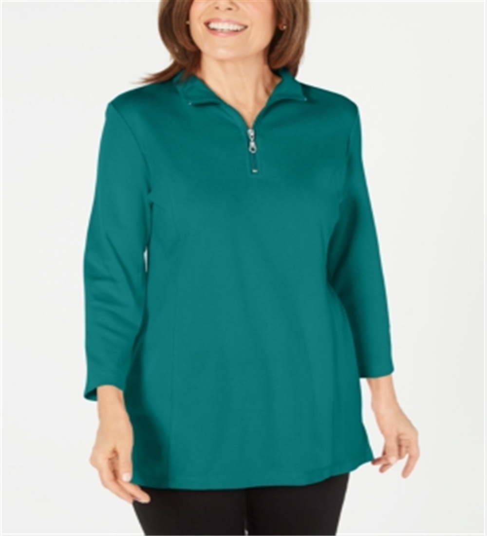 Blusa de gola alta feminina Karen Scott de algodão com zíper e meio, verde, tamanho grande