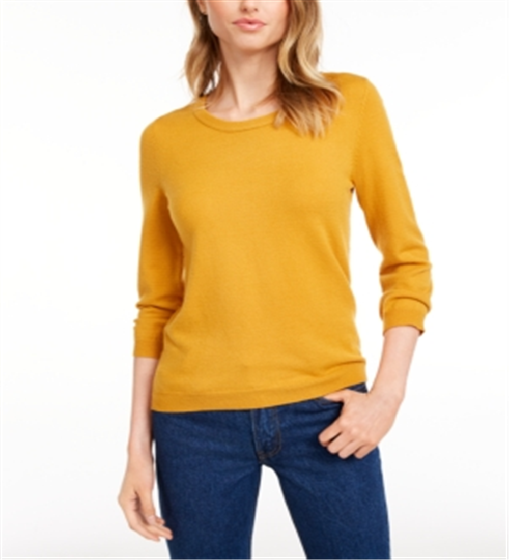 Suéter feminino Maison Jules com gola redonda e manga 3/4, amarelo, tamanho P