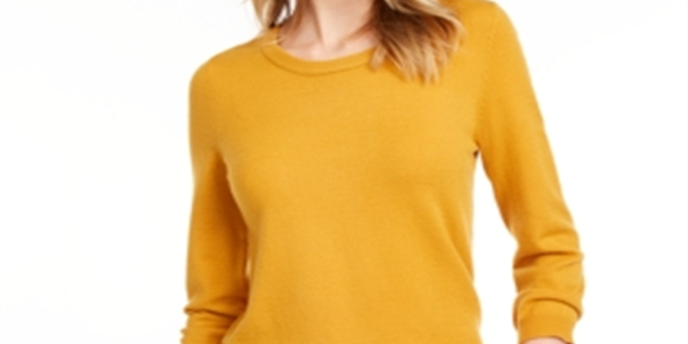 Suéter feminino Maison Jules com gola redonda e manga 3/4, amarelo, tamanho P