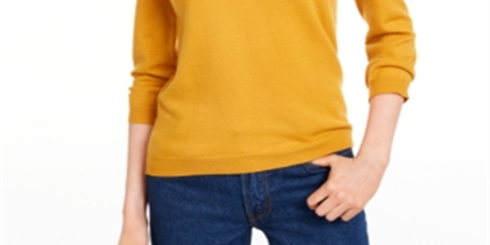 Suéter feminino Maison Jules com gola redonda e manga 3/4, amarelo, tamanho P