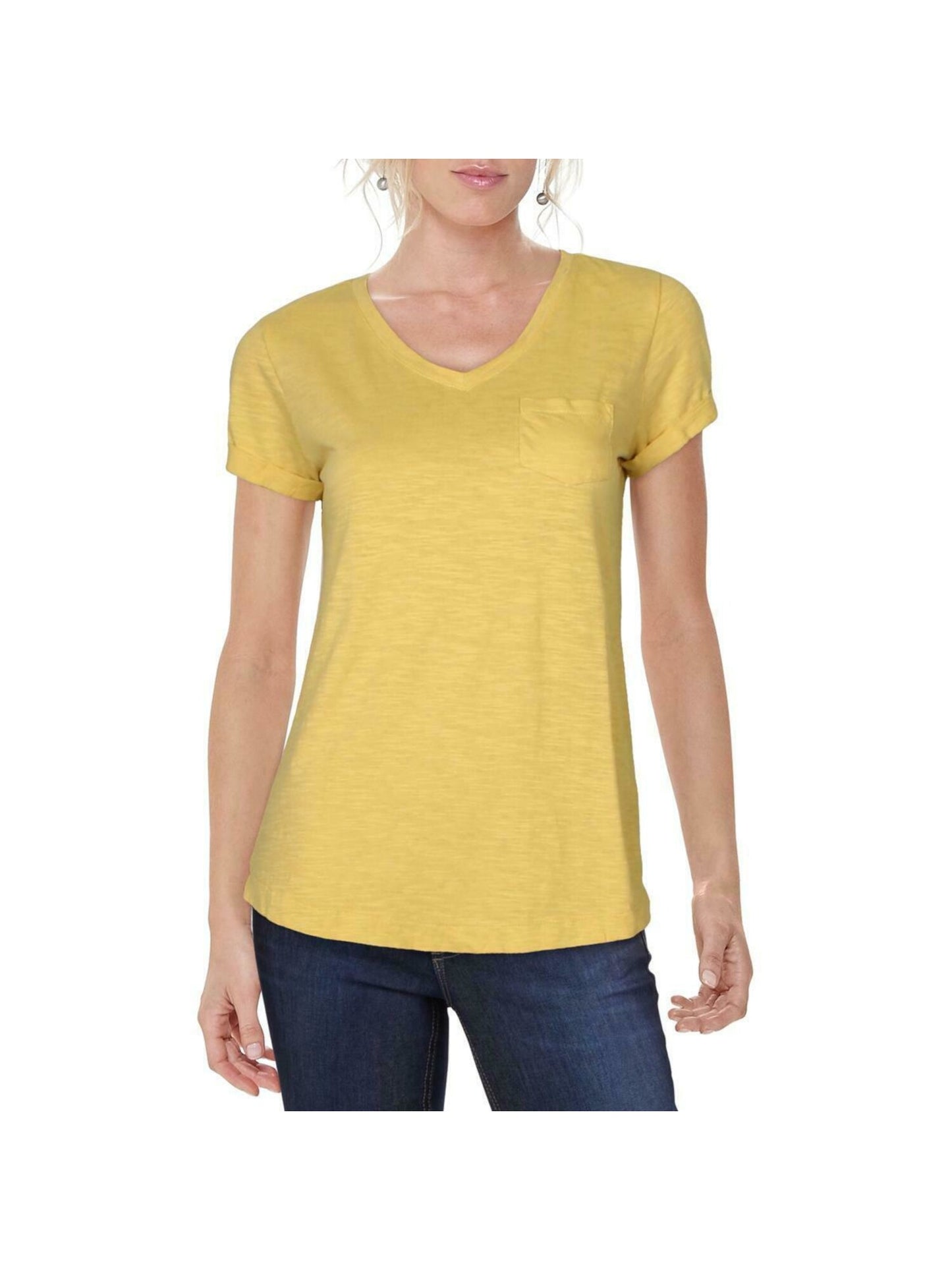 Camiseta feminina com bolso e decote em V, tamanho pequeno, amarelo, tamanho extragrande, da Style &amp; Co