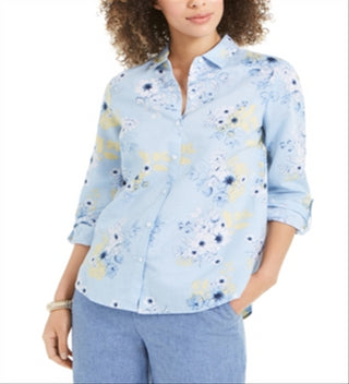 Camisa feminina Charter Club com estampa floral em mistura de linho, azul, tamanho XS
