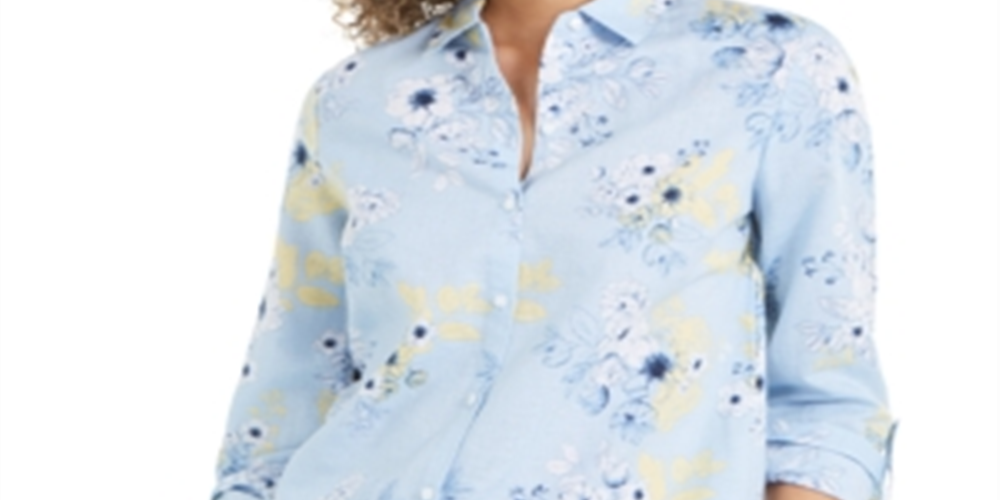 Camisa feminina Charter Club com estampa floral em mistura de linho, azul, tamanho XS