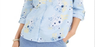 Camisa feminina Charter Club com estampa floral em mistura de linho, azul, tamanho XS