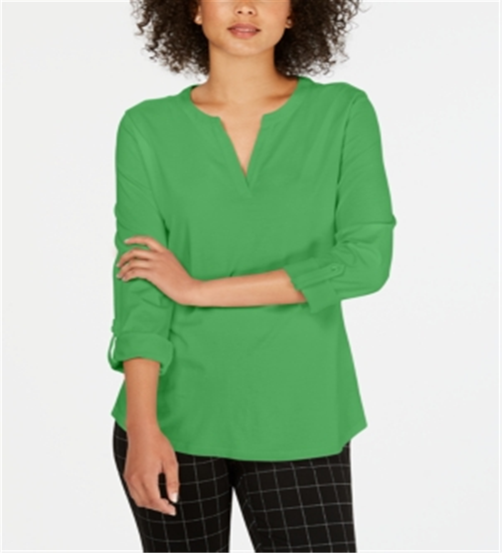 Camiseta feminina Charter Club Supima Cotton com decote dividido, verde, tamanho P