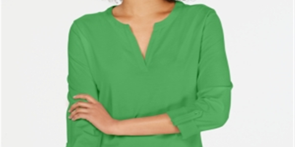 Camiseta feminina Charter Club Supima Cotton com decote dividido, verde, tamanho P