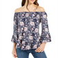 Blusa feminina estilo &amp; co com estampa floral e manga lanterna, ombro de fora, azul, tamanho XS