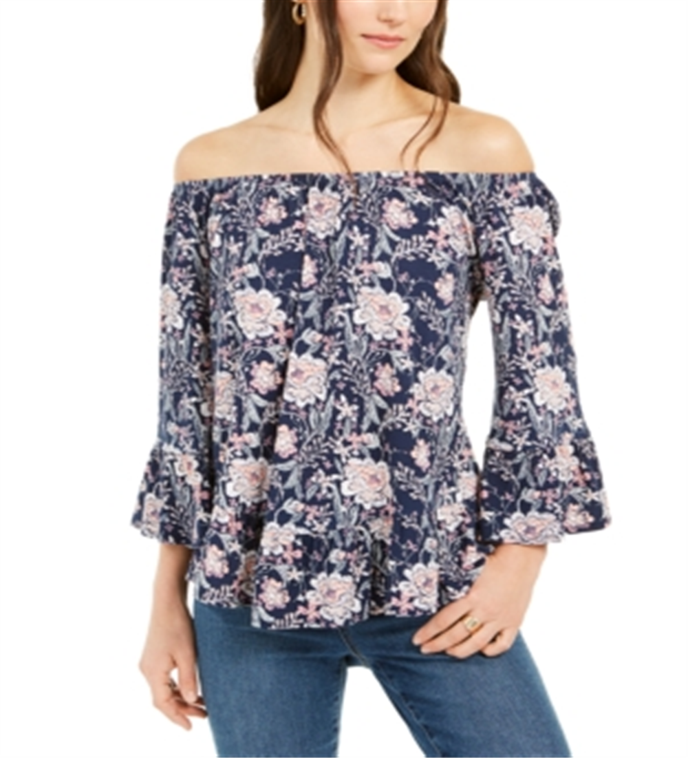 Blusa feminina estilo &amp; co com estampa floral e manga lanterna, ombro de fora, azul, tamanho XS