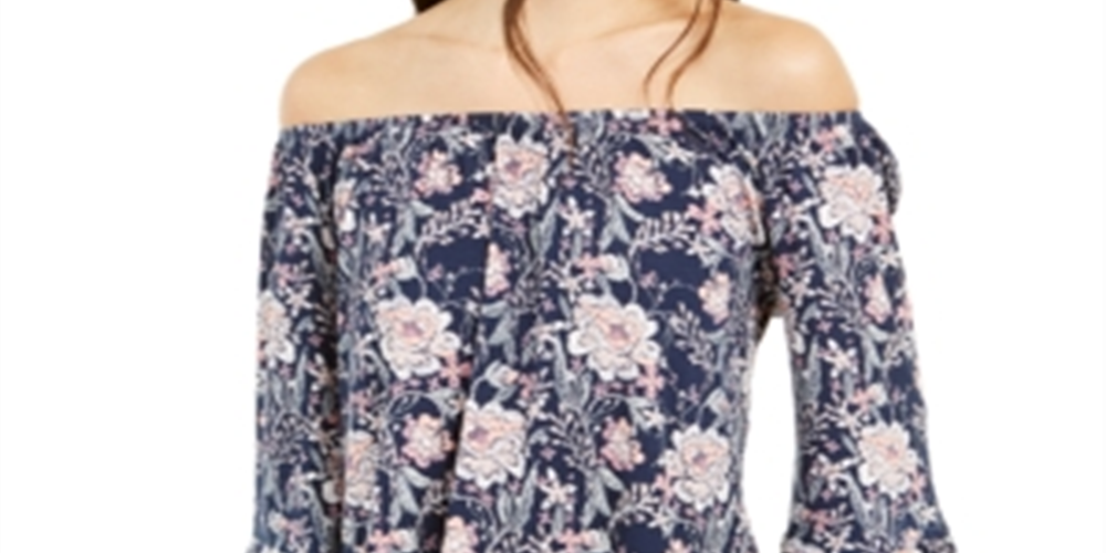 Blusa feminina estilo &amp; co com estampa floral e manga lanterna, ombro de fora, azul, tamanho XS