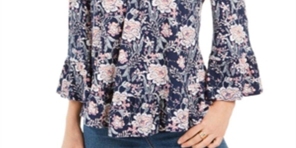 Blusa feminina estilo &amp; co com estampa floral e manga lanterna, ombro de fora, azul, tamanho XS