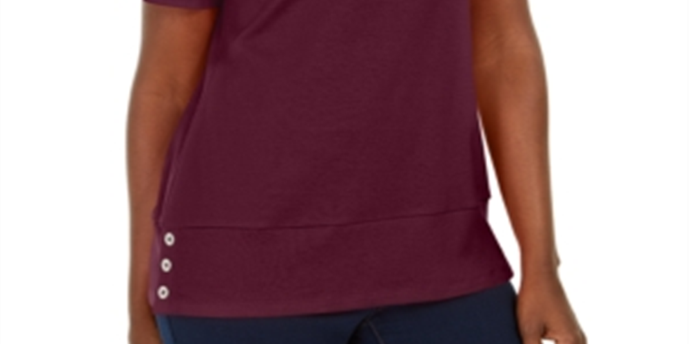 Blusa de algodão com decote redondo e bainha de botão feminina Karen Scott, marrom, tamanho P