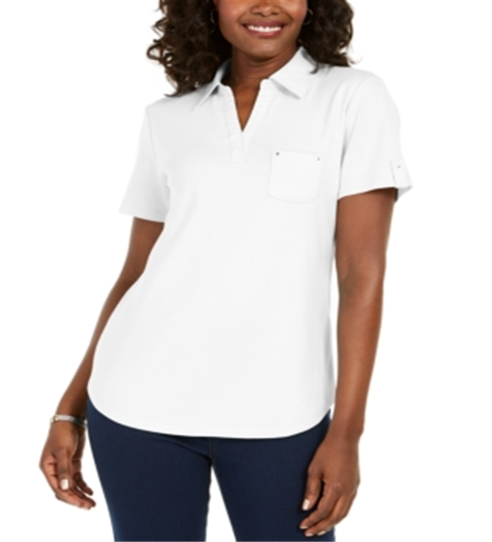 Camisa polo feminina Karen Scott de algodão, branca, tamanho XS