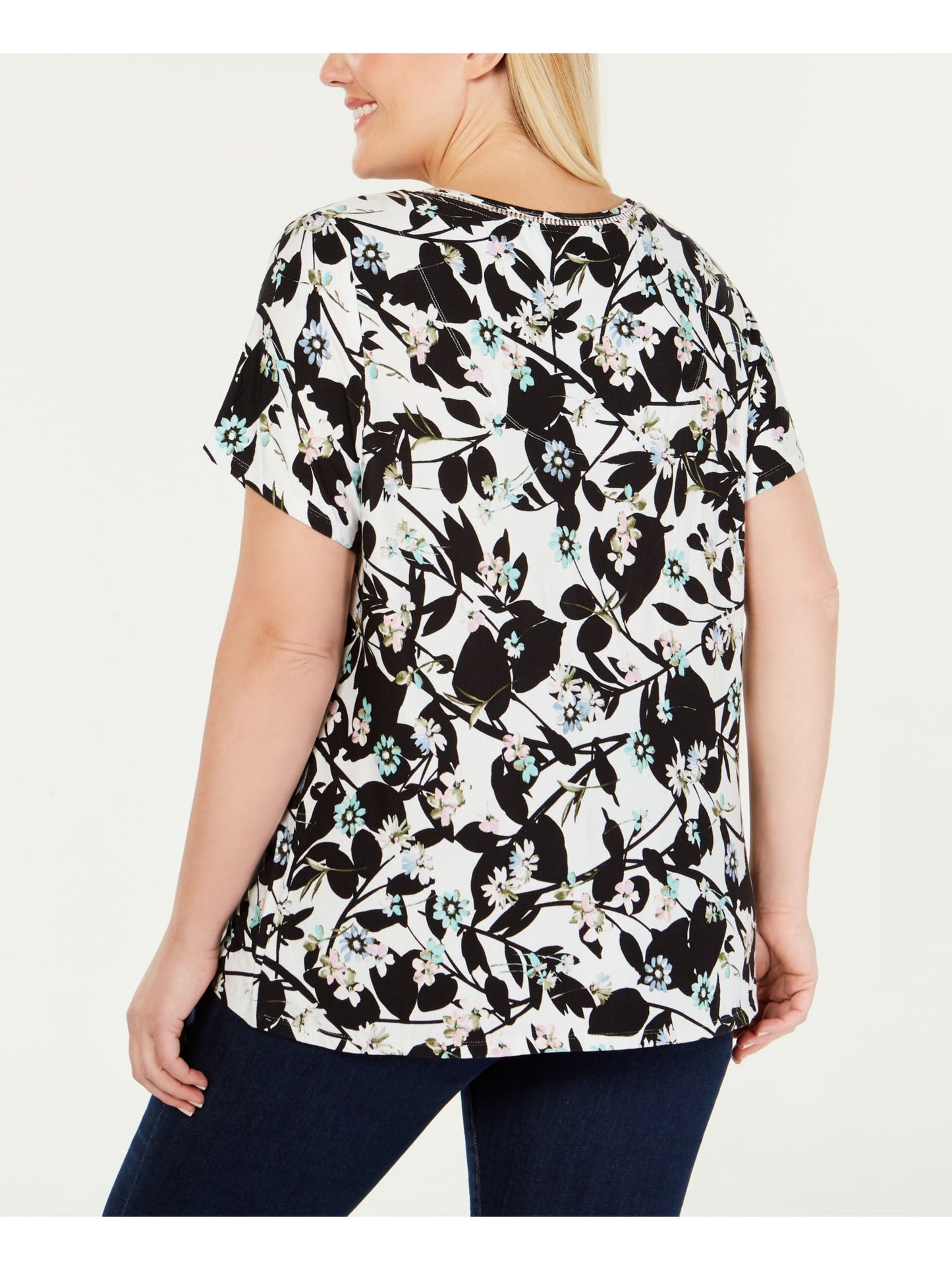 Camiseta feminina Tommy Hilfiger Oasis Floral Ladder Accent, preta, tamanho 2XL