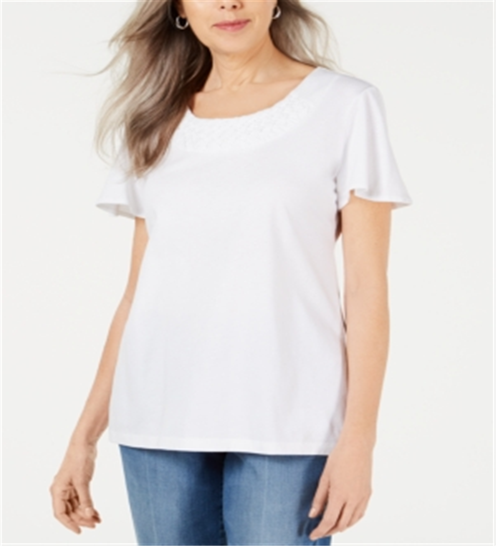 Karen Scott Blusa Feminina com Acabamento em Basketweave e Manga Flutter, Branca, Tamanho P
