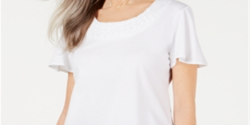 Karen Scott Blusa Feminina com Acabamento em Basketweave e Manga Flutter, Branca, Tamanho P