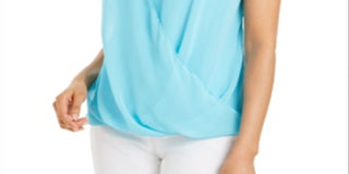 JM Collection Top drapeado sem mangas com tachas, azul, tamanho M