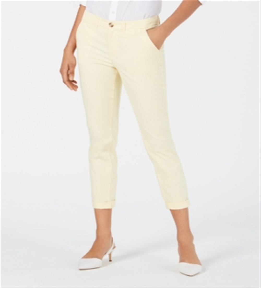 Calça feminina Maison Jules com bolso e zíper, perna reta, amarela, tamanho 0