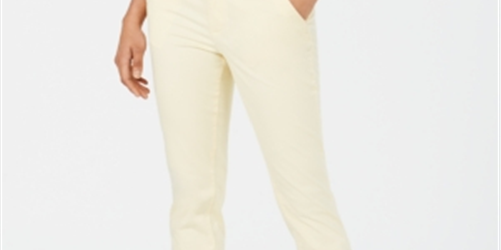 Calça feminina Maison Jules com bolso e zíper, perna reta, amarela, tamanho 0