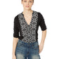 Blusa feminina Lucky Brand com estampa frontal e botões, preta, tamanho M