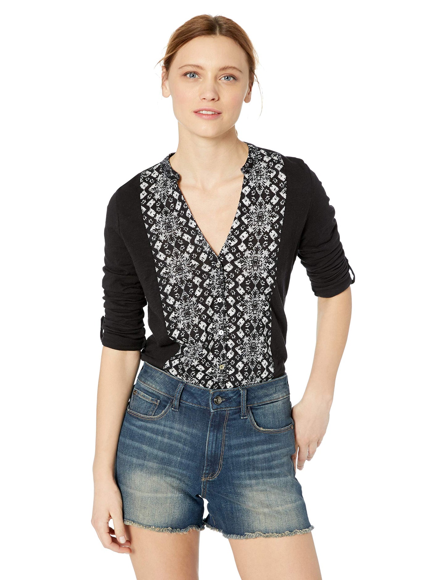 Blusa feminina Lucky Brand com estampa frontal e botões, preta, tamanho M