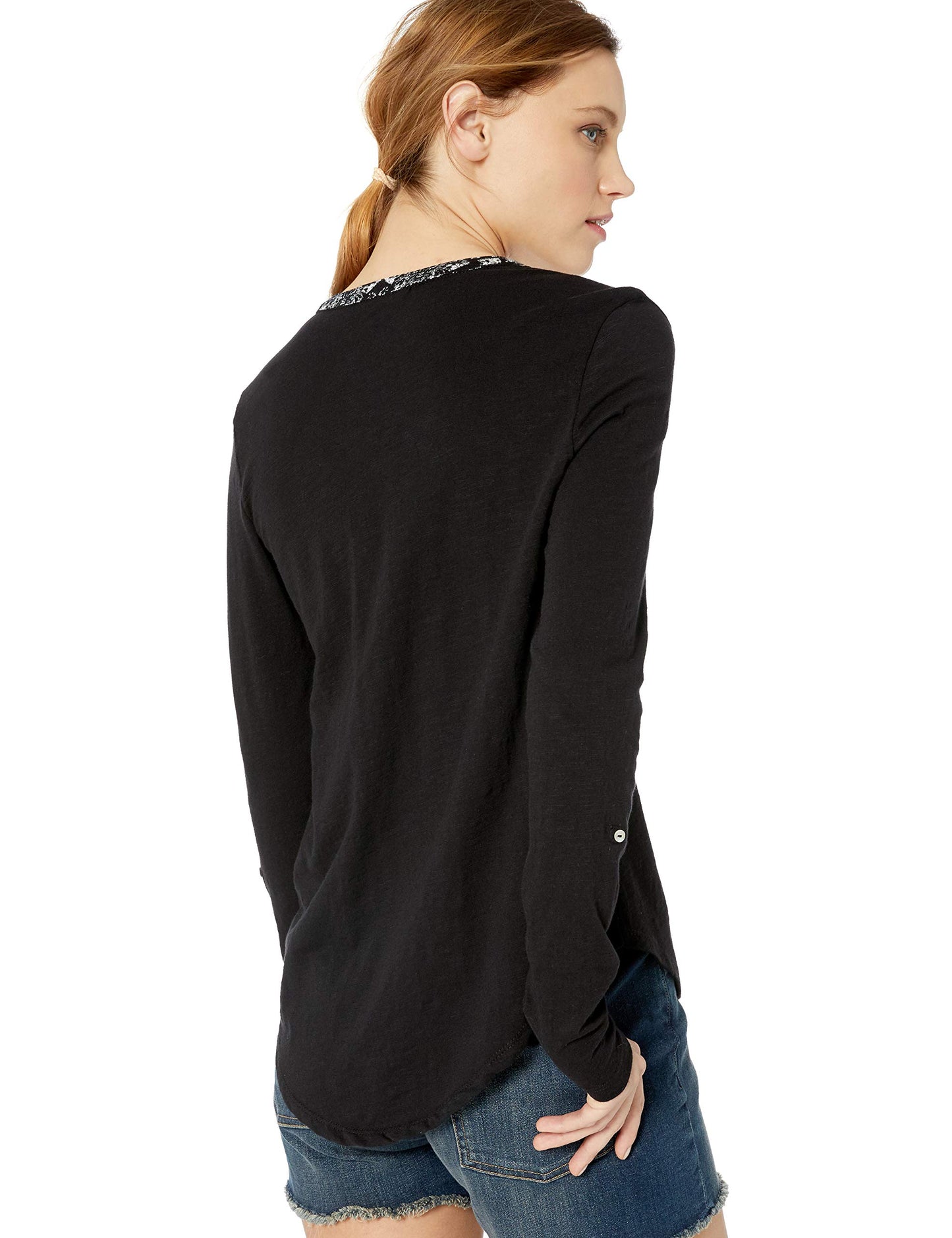 Blusa feminina Lucky Brand com estampa frontal e botões, preta, tamanho M