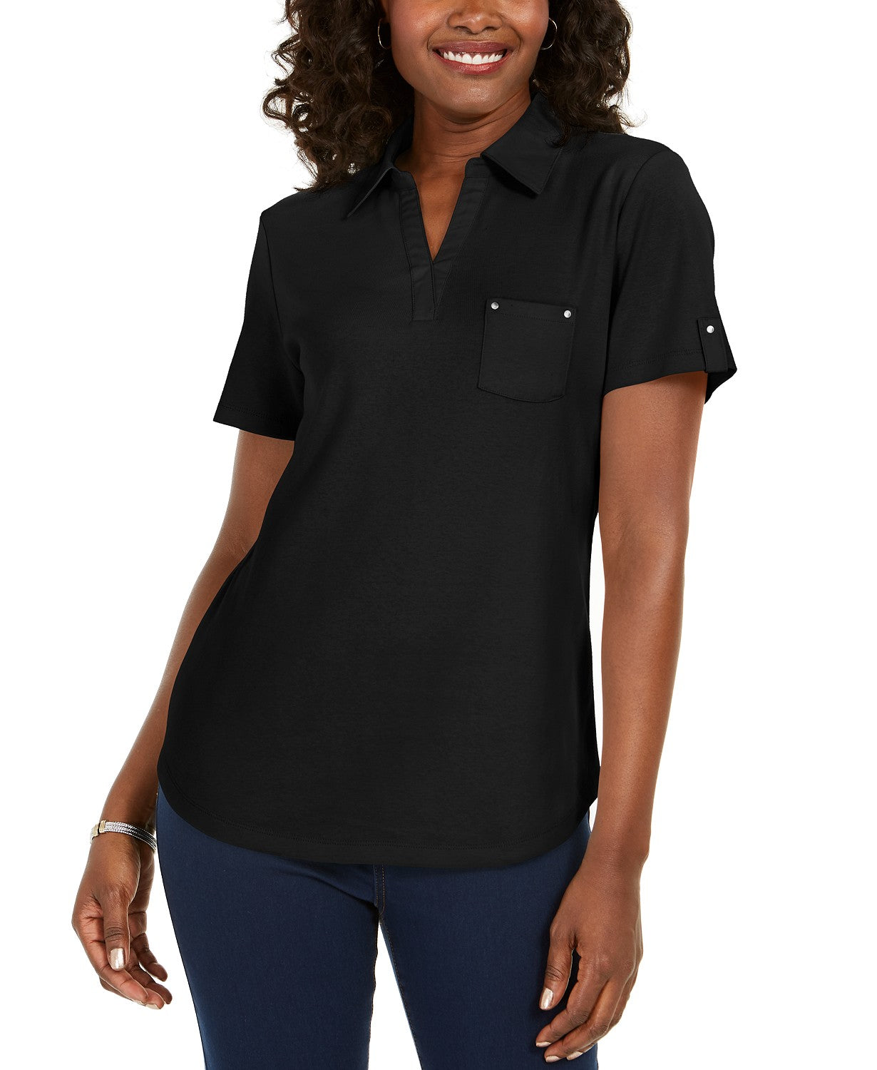 Camisa polo feminina de algodão Karen Scott, preta, tamanho XS
