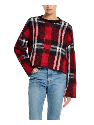 Suéter curto feminino xadrez com gola redonda e à prova de intempéries, tamanho médio, vermelho