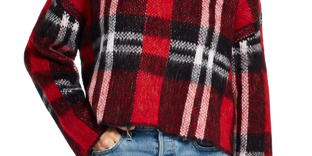 Suéter curto feminino xadrez com gola redonda e à prova de intempéries, tamanho médio, vermelho