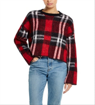 Suéter curto feminino xadrez com gola redonda e à prova de intempéries, tamanho médio, vermelho