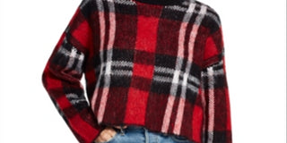 Suéter curto feminino xadrez com gola redonda e à prova de intempéries, tamanho médio, vermelho