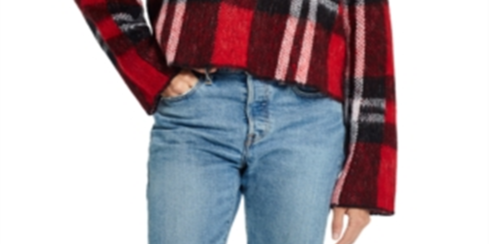 Suéter curto feminino xadrez com gola redonda e à prova de intempéries, tamanho médio, vermelho