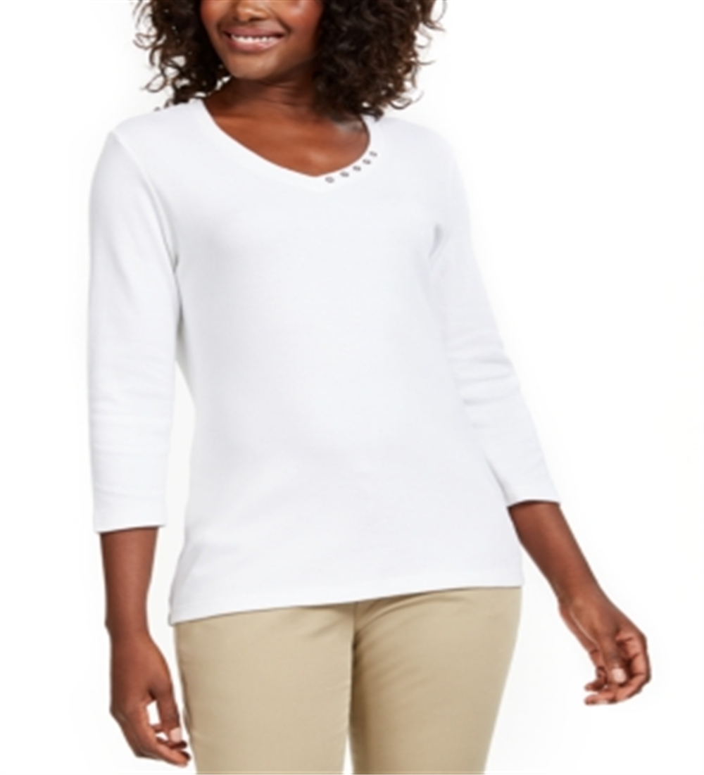 Karen Scott Blusa de algodão com decote em V e ilhós feminina, branca, tamanho P