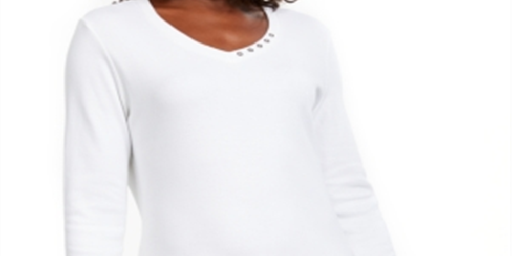 Karen Scott Blusa de algodão com decote em V e ilhós feminina, branca, tamanho P