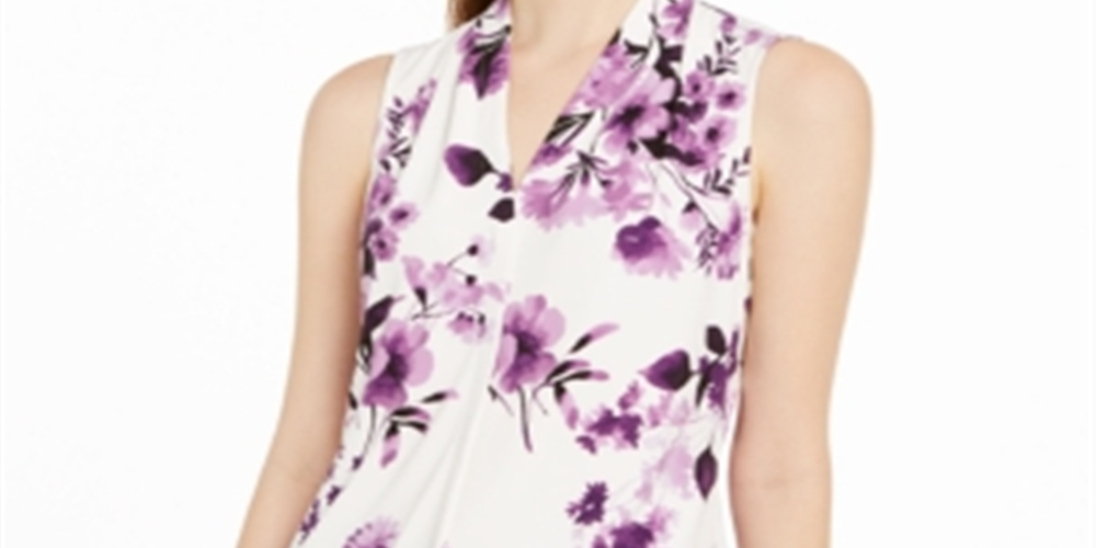 Blusa feminina Calvin Klein sem mangas com pregas florais - branca, tamanho pequeno