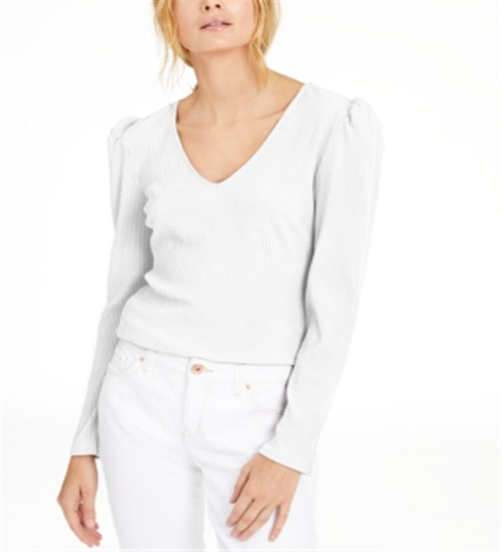 Blusa feminina canelada com ombros bufantes da INC International Concepts, branca, tamanho pequeno G