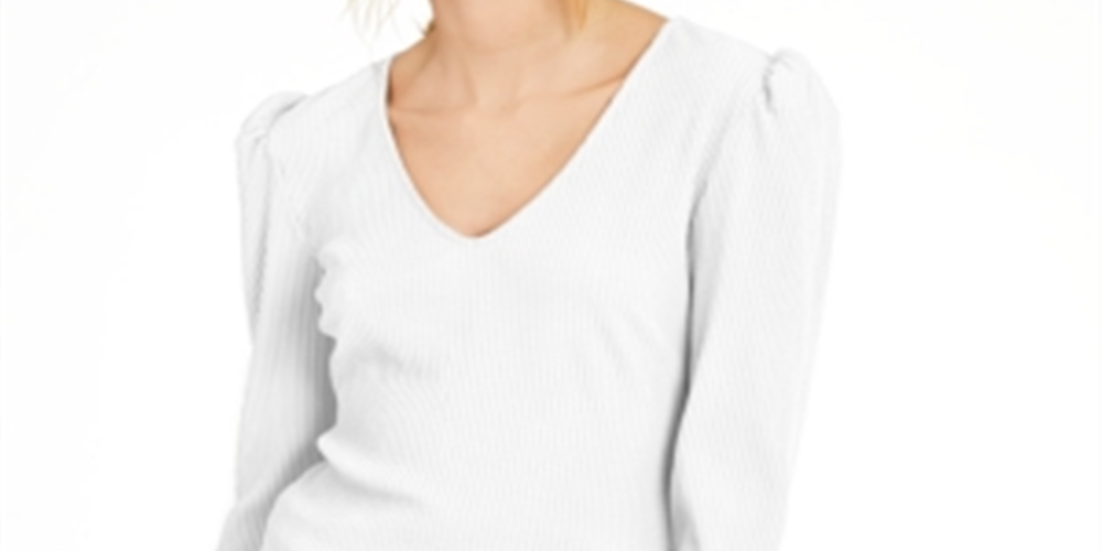 Blusa feminina canelada com ombros bufantes da INC International Concepts, branca, tamanho pequeno G