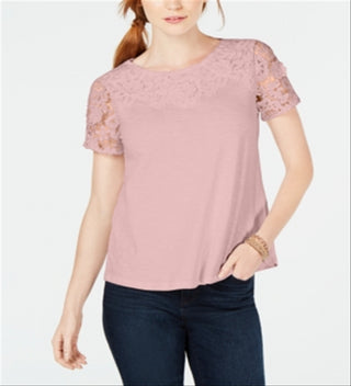 Camiseta feminina Charter Club de algodão com renda e detalhes embelezados, rosa, tamanho pequeno