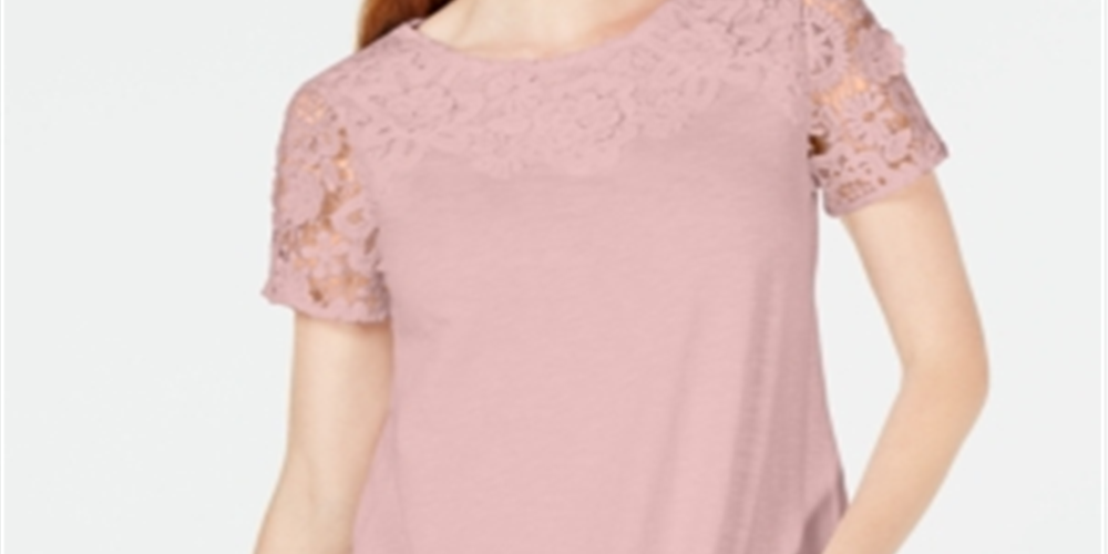 Camiseta feminina Charter Club de algodão com renda e detalhes embelezados, rosa, tamanho pequeno