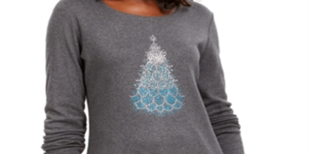 Camiseta feminina Karen Scott de algodão com estampa de Natal, tamanho cinza - Petite S