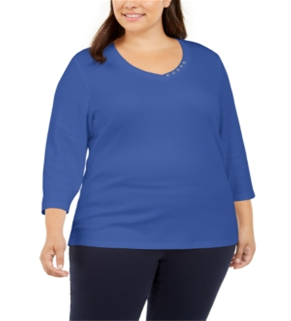 Blusa feminina Karen Scott de algodão com acabamento em botões e manga 3/4, azul, tamanho 0X