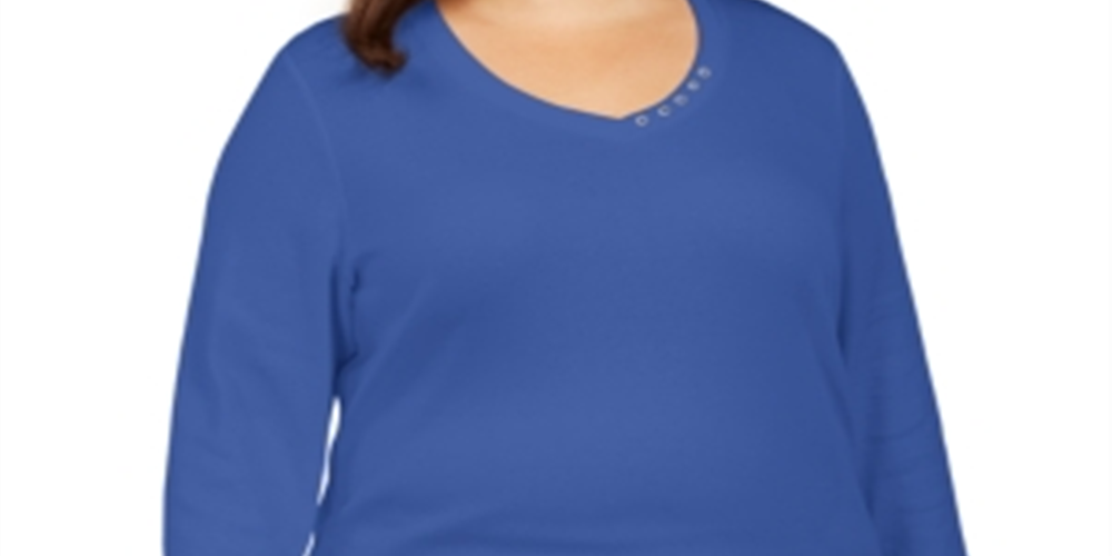 Blusa feminina Karen Scott de algodão com acabamento em botões e manga 3/4, azul, tamanho 0X