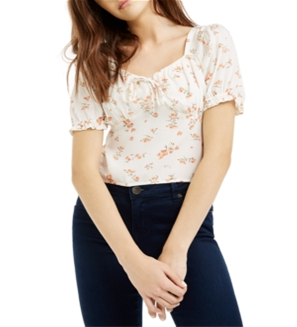 Top estampado Planet Gold Junior com manga bufante e franzido, branco, tamanho M