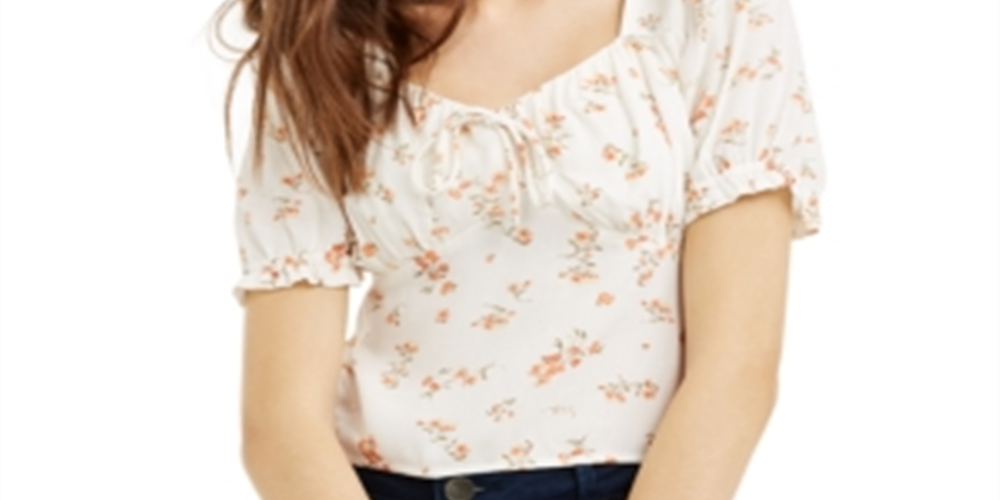 Top estampado Planet Gold Junior com manga bufante e franzido, branco, tamanho M