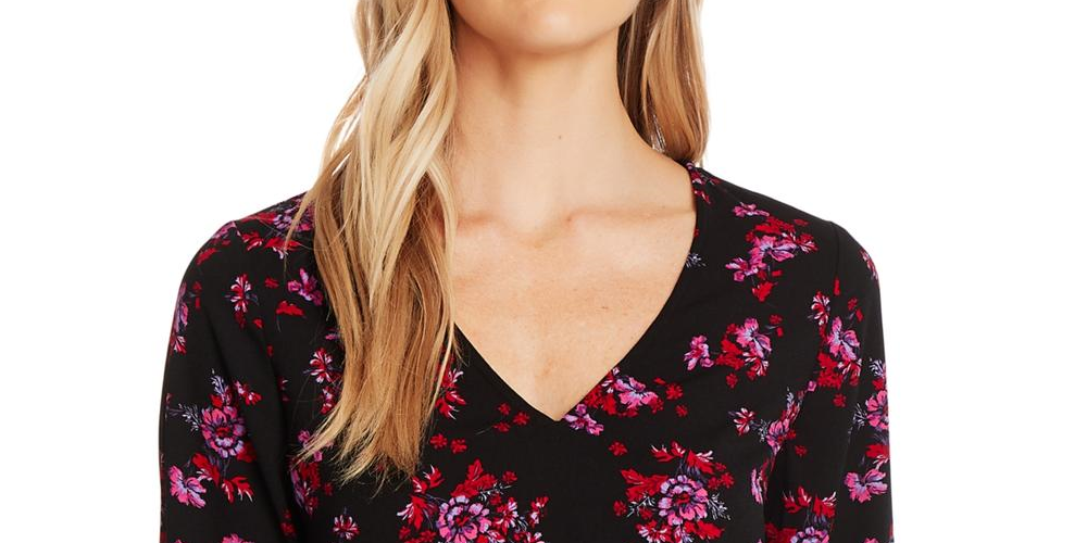 Blusa CeCe Feminina com Decote em V e Estampa Floral, Preta, Tamanho M