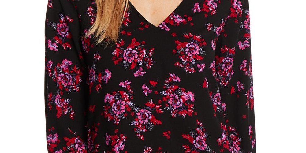 Blusa CeCe Feminina com Decote em V e Estampa Floral, Preta, Tamanho M