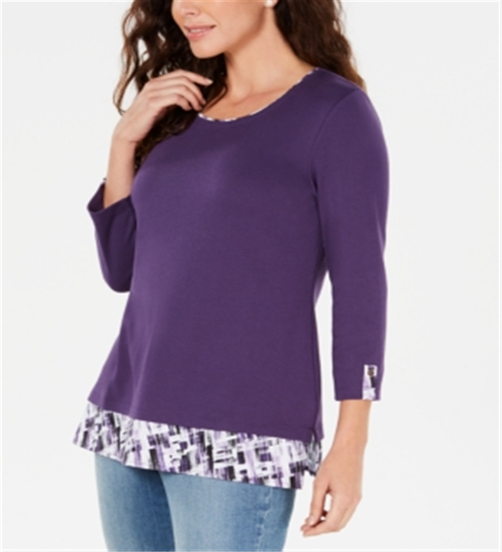 Blusa feminina Karen Scott com estampa em camadas, lisa e xadrez, roxa, tamanho G